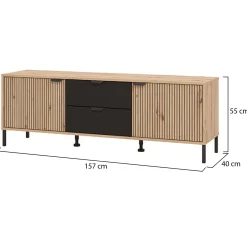 Mobili Porta Tv > Dmora Mobile Porta tv Marrone Rovere Nodi Nero 2 Cassetti un Ripiano 208x40x54.5h cm, 3 Ante - Scapoli Nero, Marrone Rovere Nodi