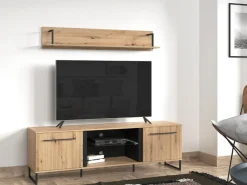Mobili Porta Tv > Dmora Mobile Porta tv Marrone Rovere Nodi Nero 2 Ripiani Un'anta 138x40x46h cm, Ripiano in Vetro - Kagale Nero, Marrone Rovere Nodi