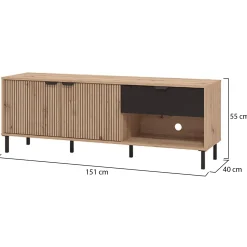 Mobili Porta Tv > Dmora Mobile Porta tv Marrone Rovere Nodi Nero un Cassetto 2 Ripiani 157x40x52.5h cm, Apertura Battente, Scorrevole - Scala Nero, Marrone Rovere Nodi