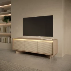 Mobile Porta tv Marrone Rovere un Ripiano 3 Ante 154x40x54h cm, Ante Effetto Rigato con led - Kamele