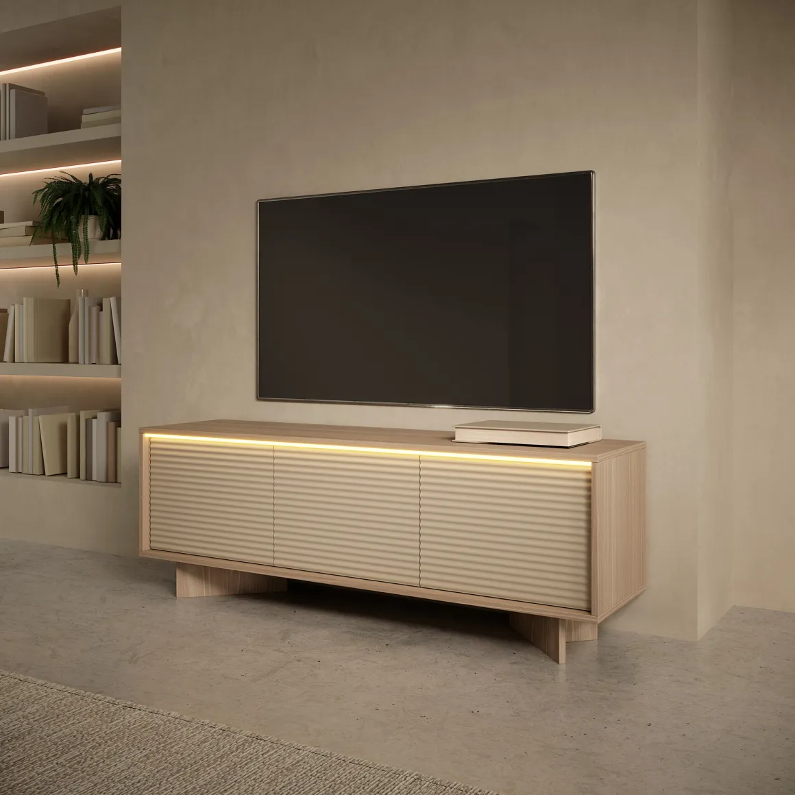 Mobili Porta Tv > Dmora Mobile Porta tv un Ripiano 4 Ante 200x38x47h cm, Angoli Arrotondati - Kaleriha Marrone Rovere