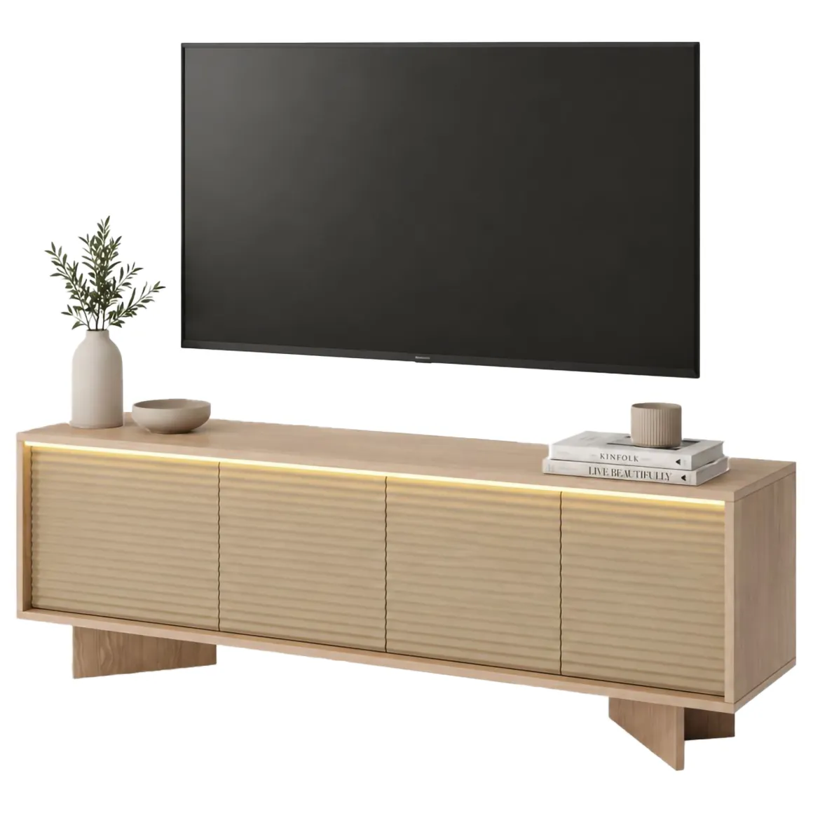 Mobili Porta Tv > Dmora Mobile Porta tv un Ripiano 4 Ante 200x38x47h cm, Angoli Arrotondati - Kaleriha Marrone Rovere