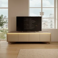 Mobile Porta tv Marrone Rovere un Ripiano 4 Ante 204x40x54h cm, Ante Effetto Rigato con led - Kame