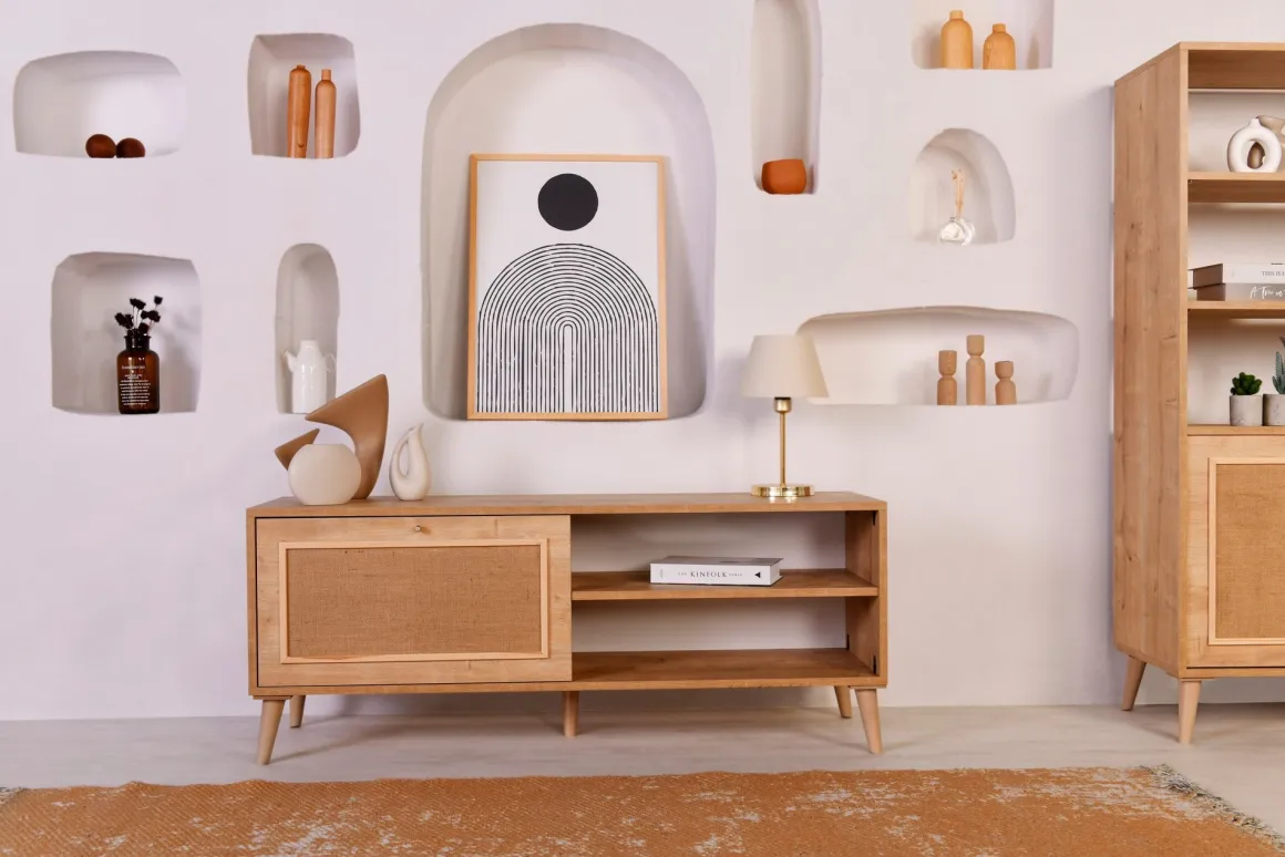 Mobili Porta Tv > Dmora Mobile Porta tv un Ripiano Apertura a Ribalta 180x41x55h cm, 2 Ante - Grassano Marrone Rovere