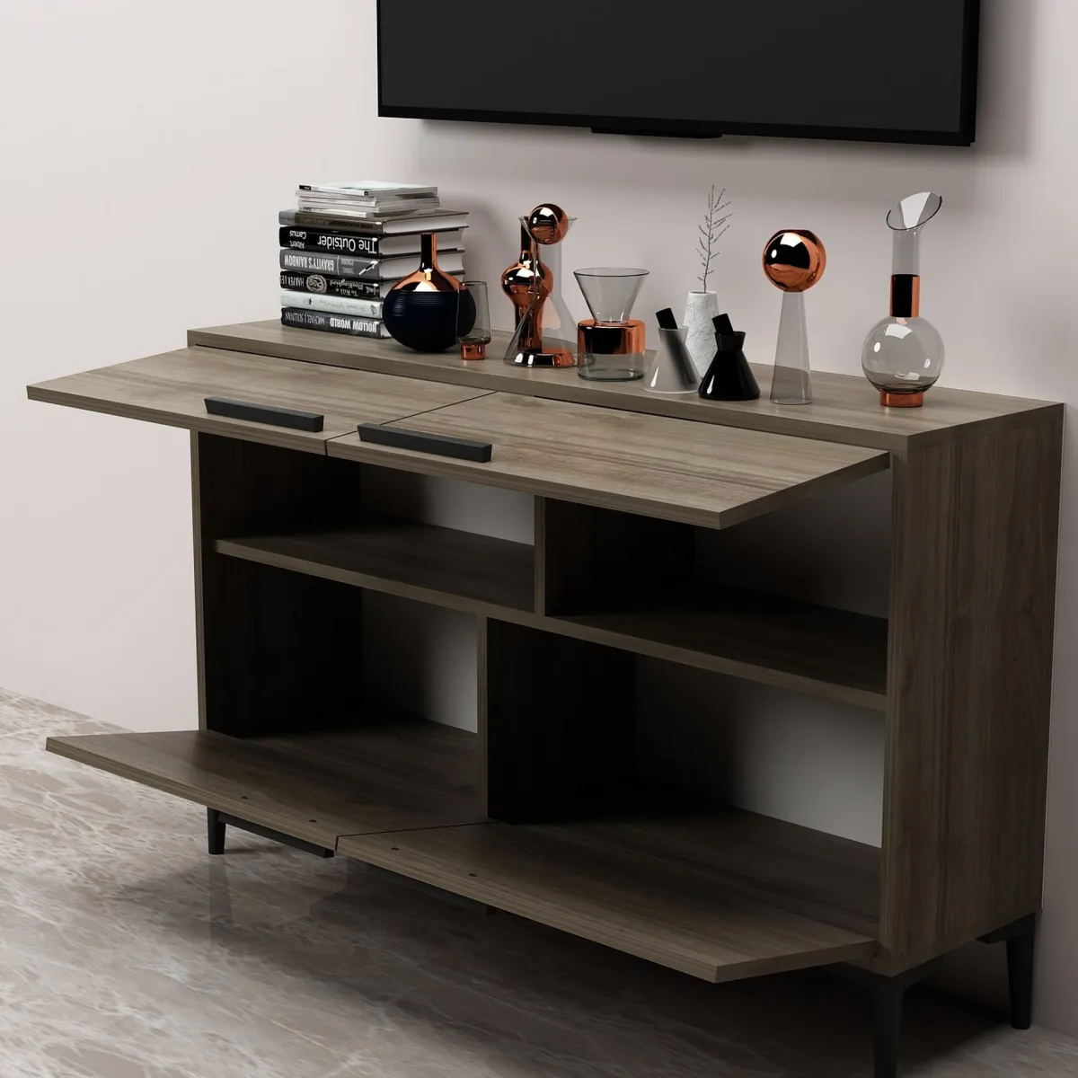 Mobili Porta Tv > Dmora Mobile Porta tv 2 Ripiani 4 Ante 120x30x75h cm, 4 Vani - Luzzi Marrone Scuro