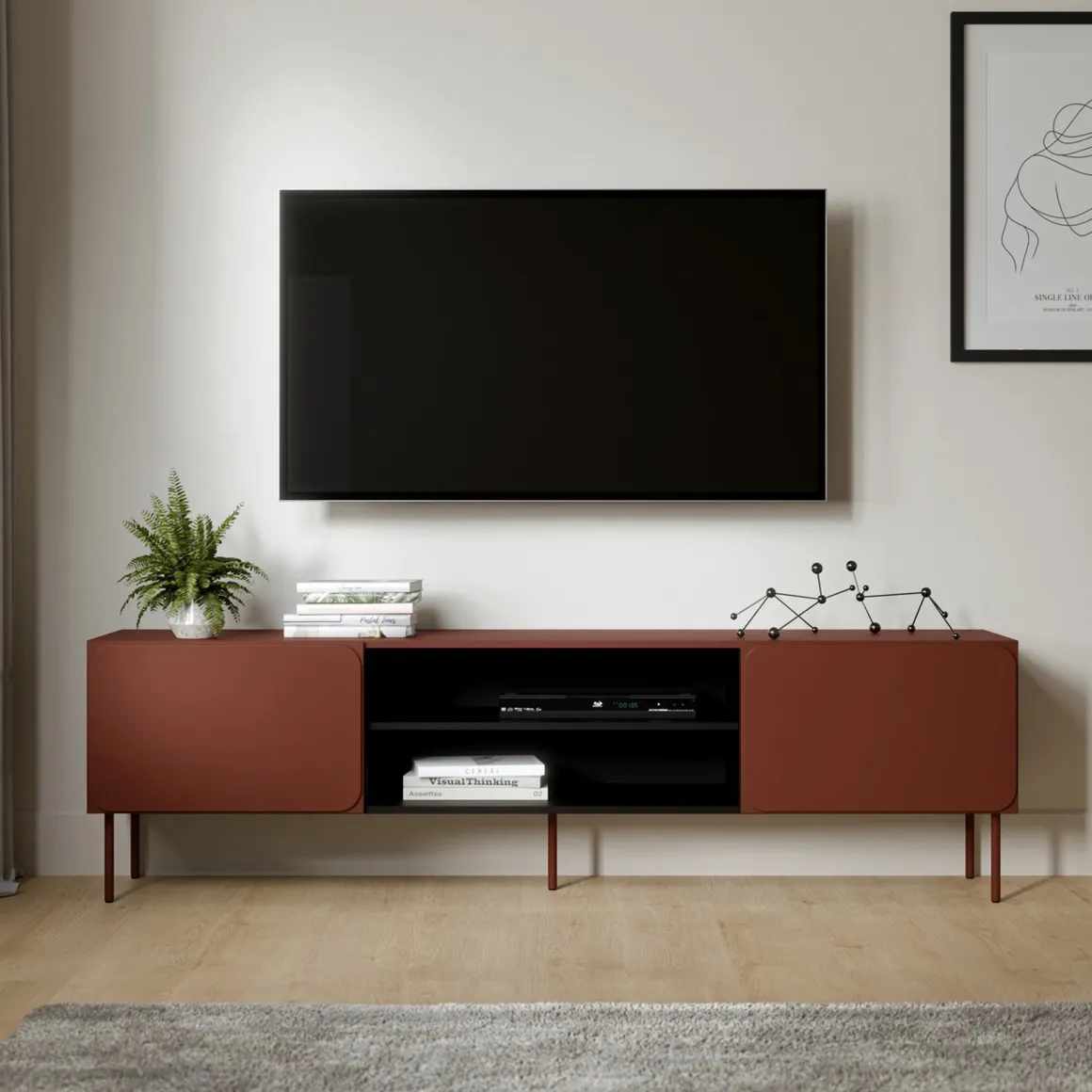 Mobili Porta Tv > Dmora Mobile Porta tv un Ripiano 2 Ante 200x42x60h cm, 4 Vani - Mornago Marrone Terracotta