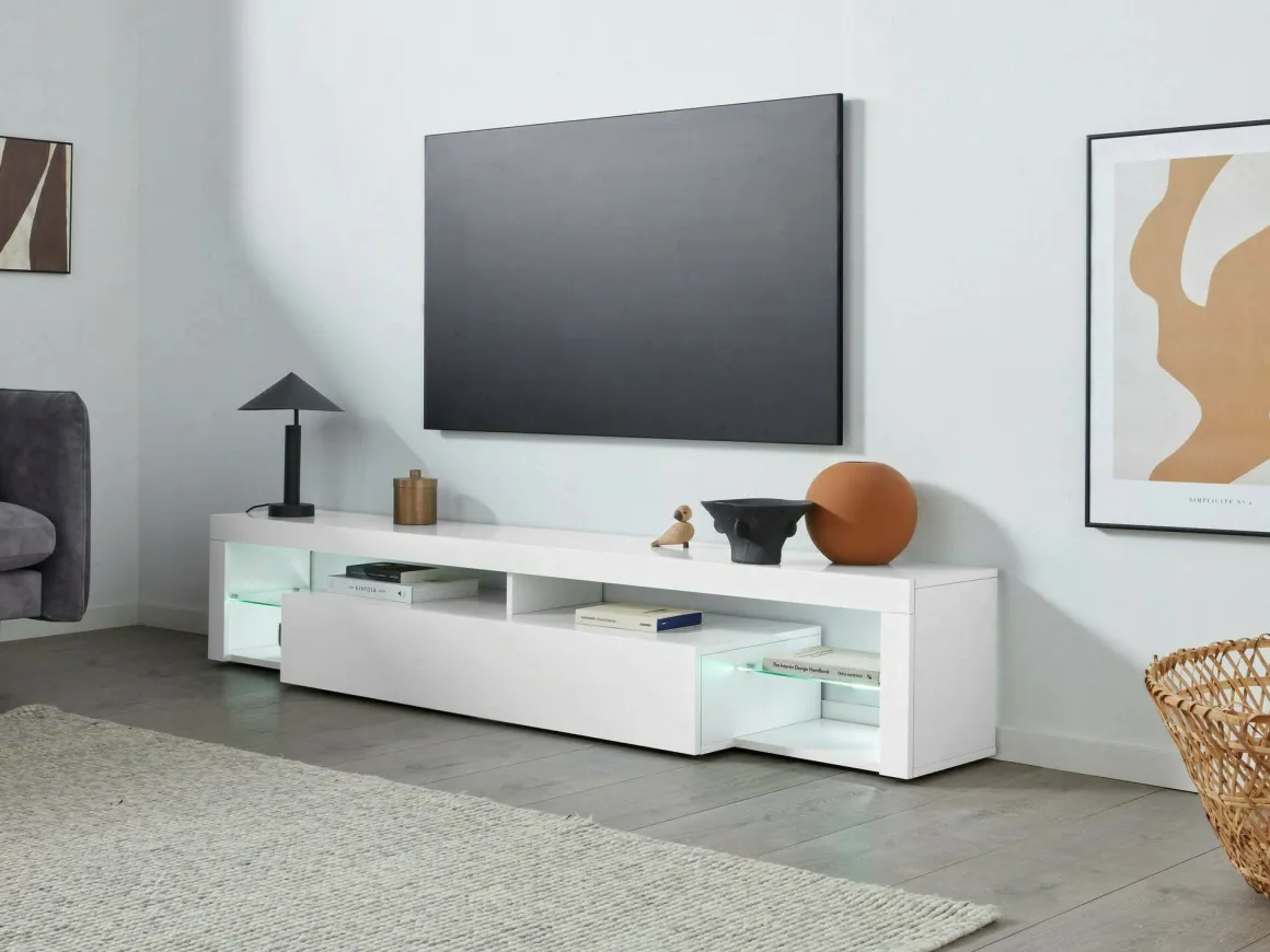 Mobile porta TV Meti, 200x40h35 cm, Bianco lucido