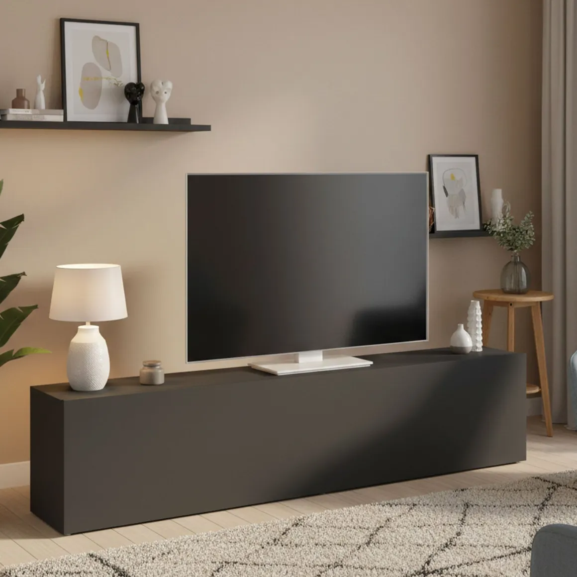 Mobile Porta tv Nero Antracite Apertura a Ribalta Un'anta 180x30x40h cm, 2 Vani - Alakazam