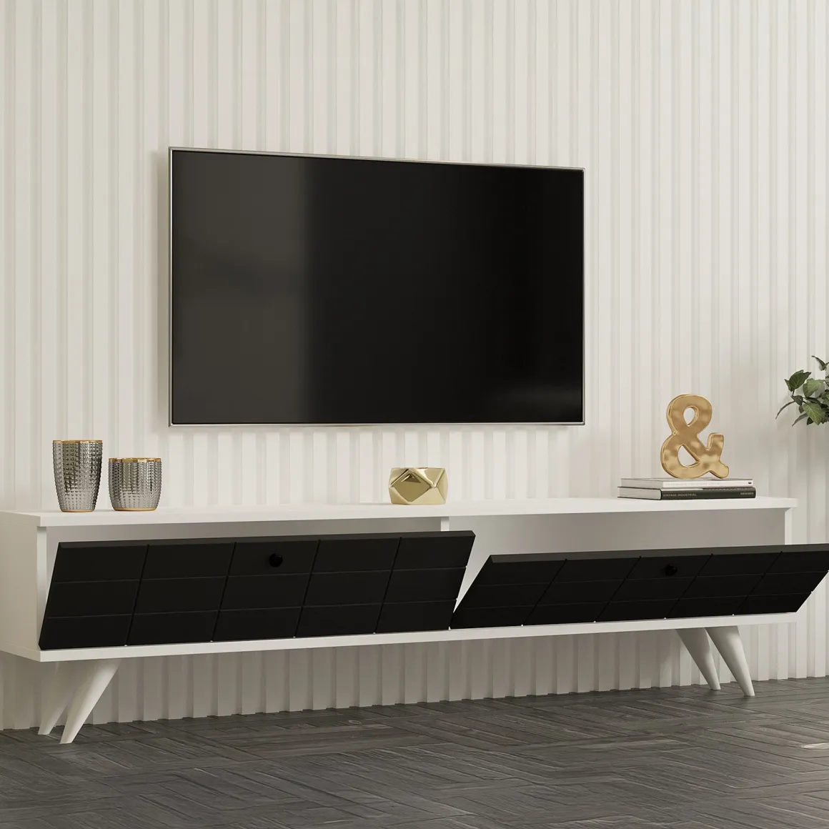 Mobile Porta tv Nero Antracite Bianco 2 Ante Apertura a Ribalta 160x25x35h cm, 2 Vani - Tresana