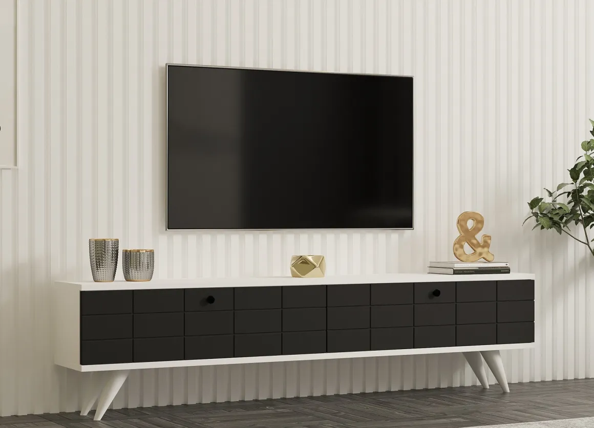 Mobile Porta tv Nero Antracite Bianco 2 Ante Apertura a Ribalta 160x25x35h cm, 2 Vani - Tresana