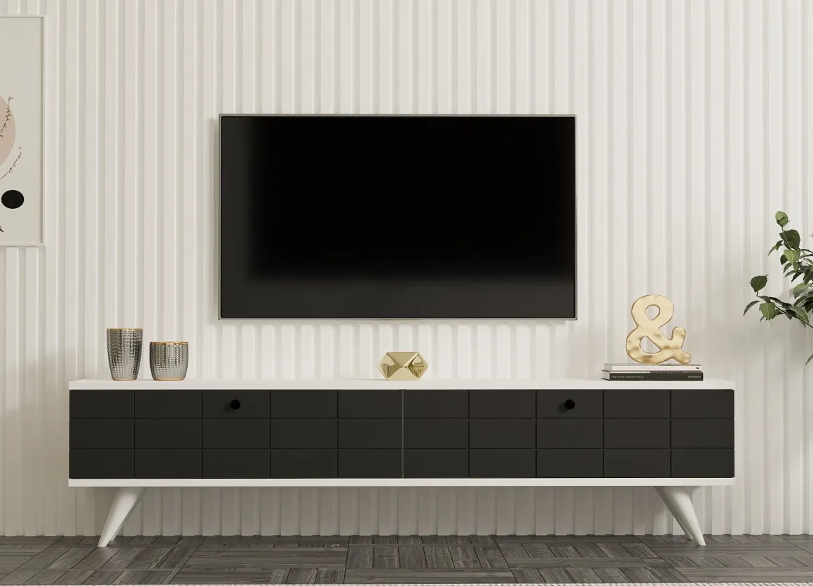 Mobile Porta tv Nero Antracite Bianco 2 Ante Apertura a Ribalta 160x25x35h cm, 2 Vani - Tresana