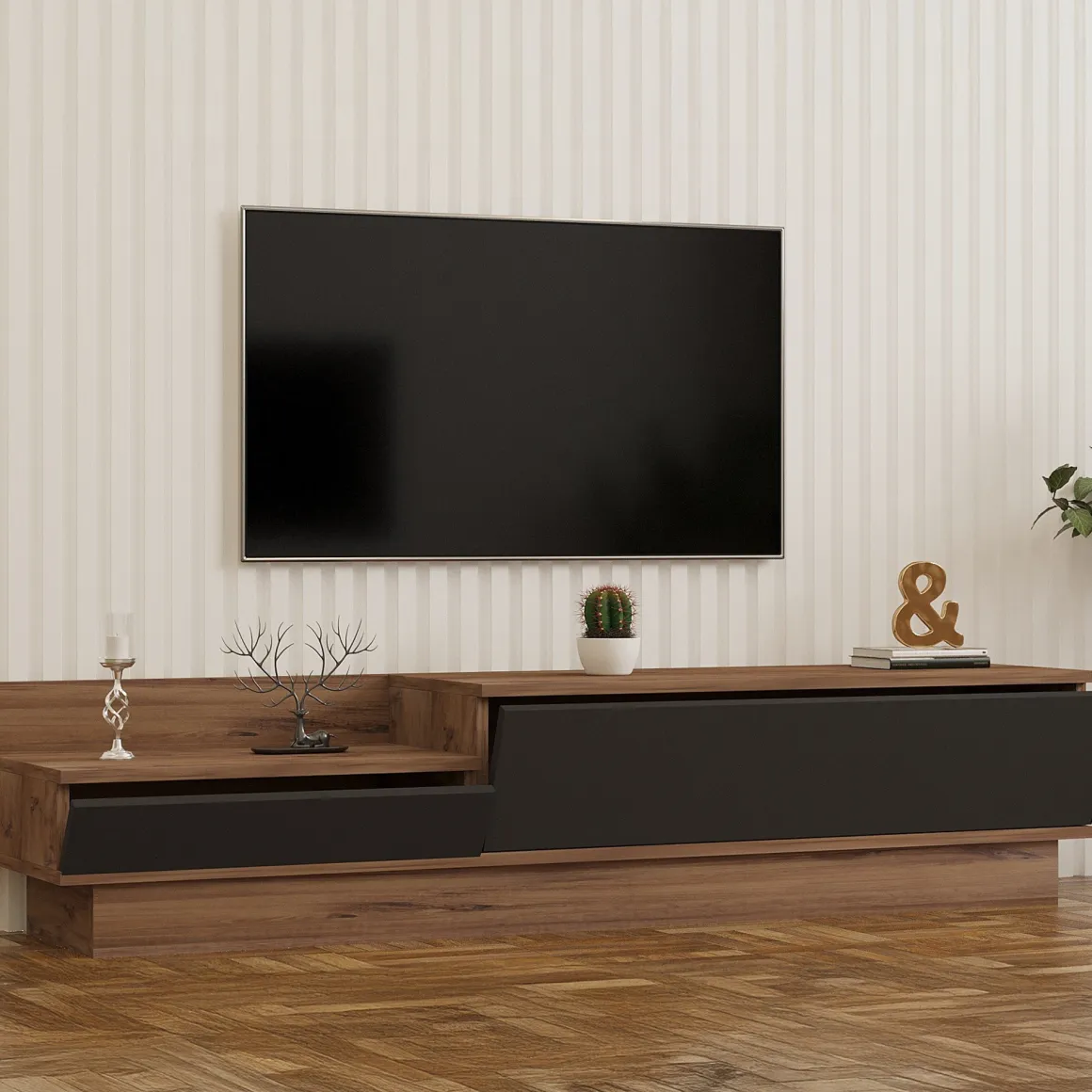 Mobili Porta Tv > Dmora Mobile Porta tv Nero Antracite Marrone Rovere 2 Ripiani 2 Ante 150x35x47h cm, 5 Vani - Filetto Marrone Rovere, Nero Antracite