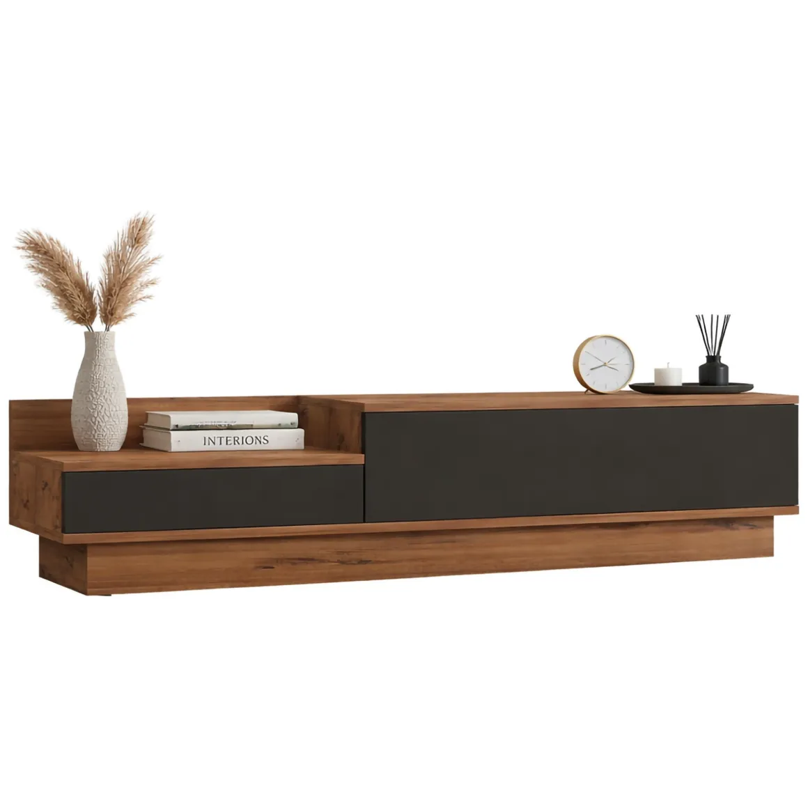 Mobili Porta Tv > Dmora Mobile Porta tv Nero Antracite Marrone Rovere 2 Ripiani 2 Ante 150x35x47h cm, 5 Vani - Filetto Marrone Rovere, Nero Antracite