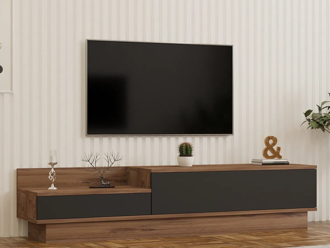 Mobili Porta Tv > Dmora Mobile Porta tv Nero Antracite Marrone Rovere 2 Ripiani 2 Ante 150x35x47h cm, 5 Vani - Filetto Marrone Rovere, Nero Antracite