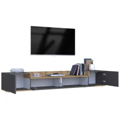 Mobile Porta tv Nero Antracite Marrone Rovere 3 Ripiani 3 Ante 200x35x30h cm, 4 Vani Made in Italy - Oxanna