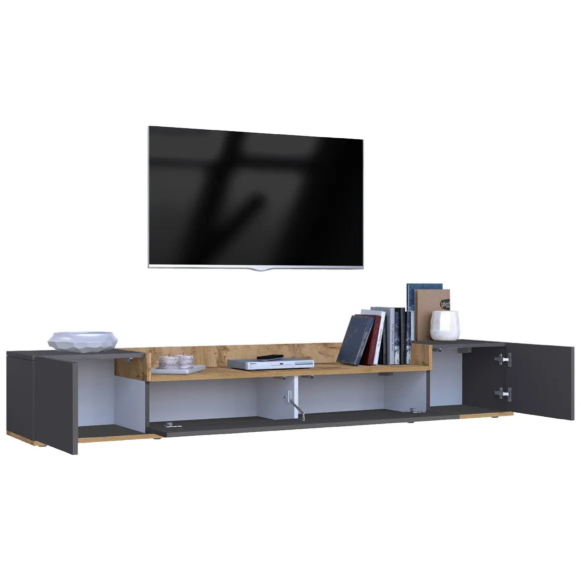 Mobile Porta tv Nero Antracite Marrone Rovere 3 Ripiani 3 Ante 200x35x30h cm, 4 Vani Made in Italy - Oxanna