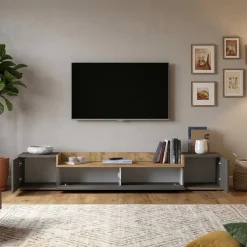 Mobile Porta tv Nero Antracite Marrone Rovere 3 Ripiani 3 Ante 200x35x30h cm, 4 Vani Made in Italy - Oxanna