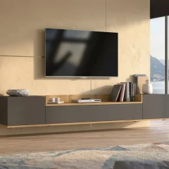 Mobile Porta tv Nero Antracite Marrone Rovere 3 Ripiani 3 Ante 200x35x30h cm, 4 Vani Made in Italy - Oxanna