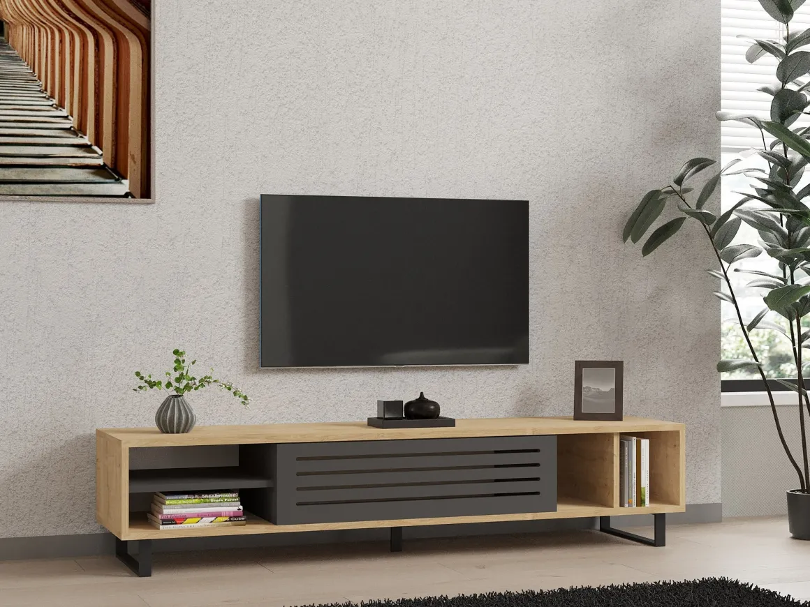 Mobile Porta tv Nero Antracite Marrone Rovere un Ripiano Un'anta 160x40x35h cm, 5 Vani - Sovico