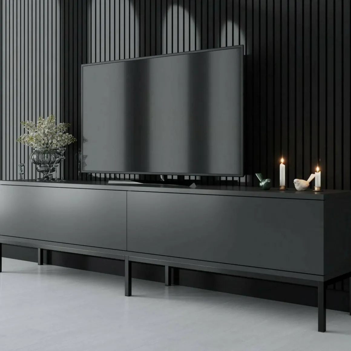 Mobile Porta tv Nero Antracite Nero Cassetti un Ripiano 180x30x47h cm, 2 Ante - Espero