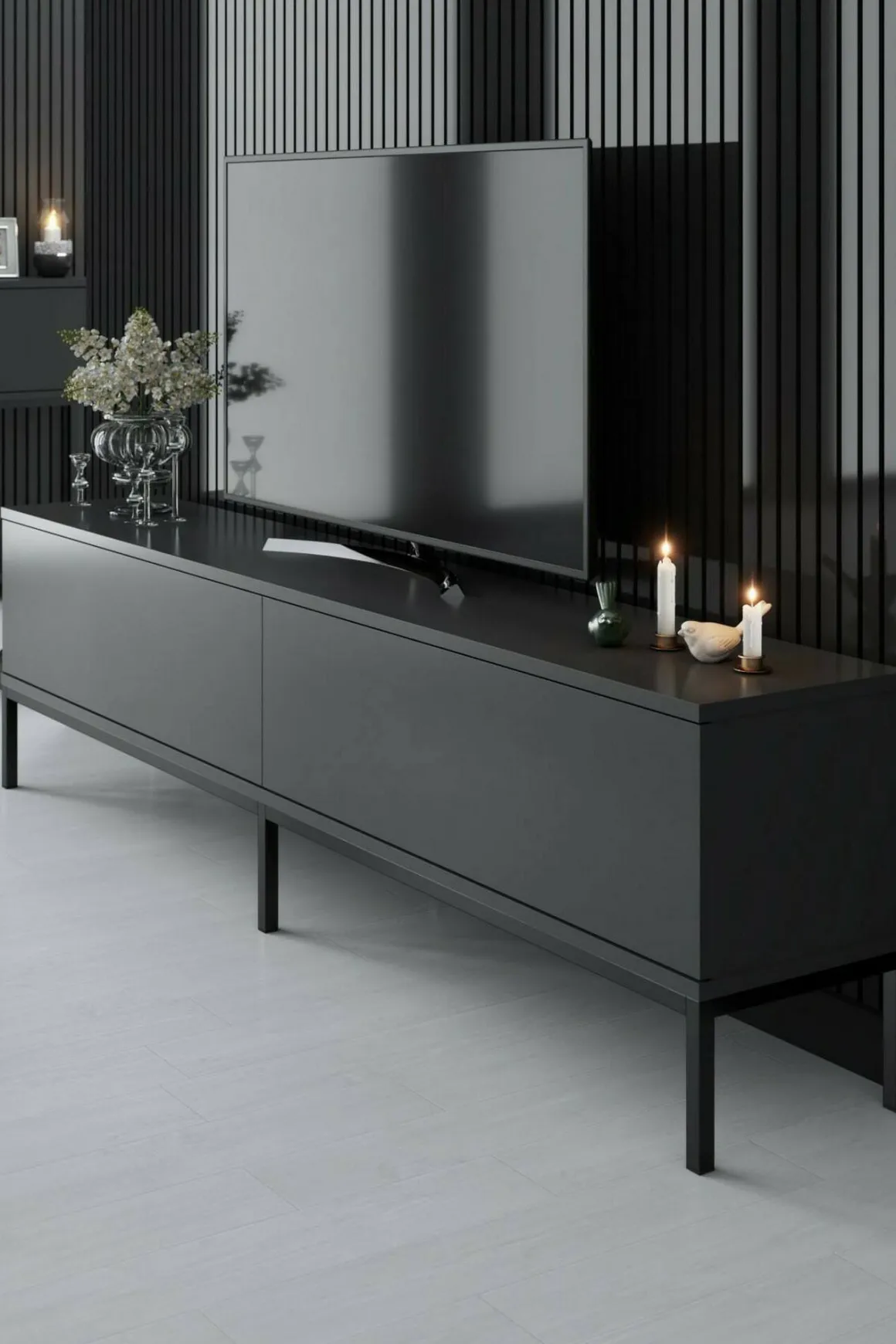 Mobile Porta tv Nero Antracite Nero Cassetti un Ripiano 180x30x47h cm, 2 Ante - Espero