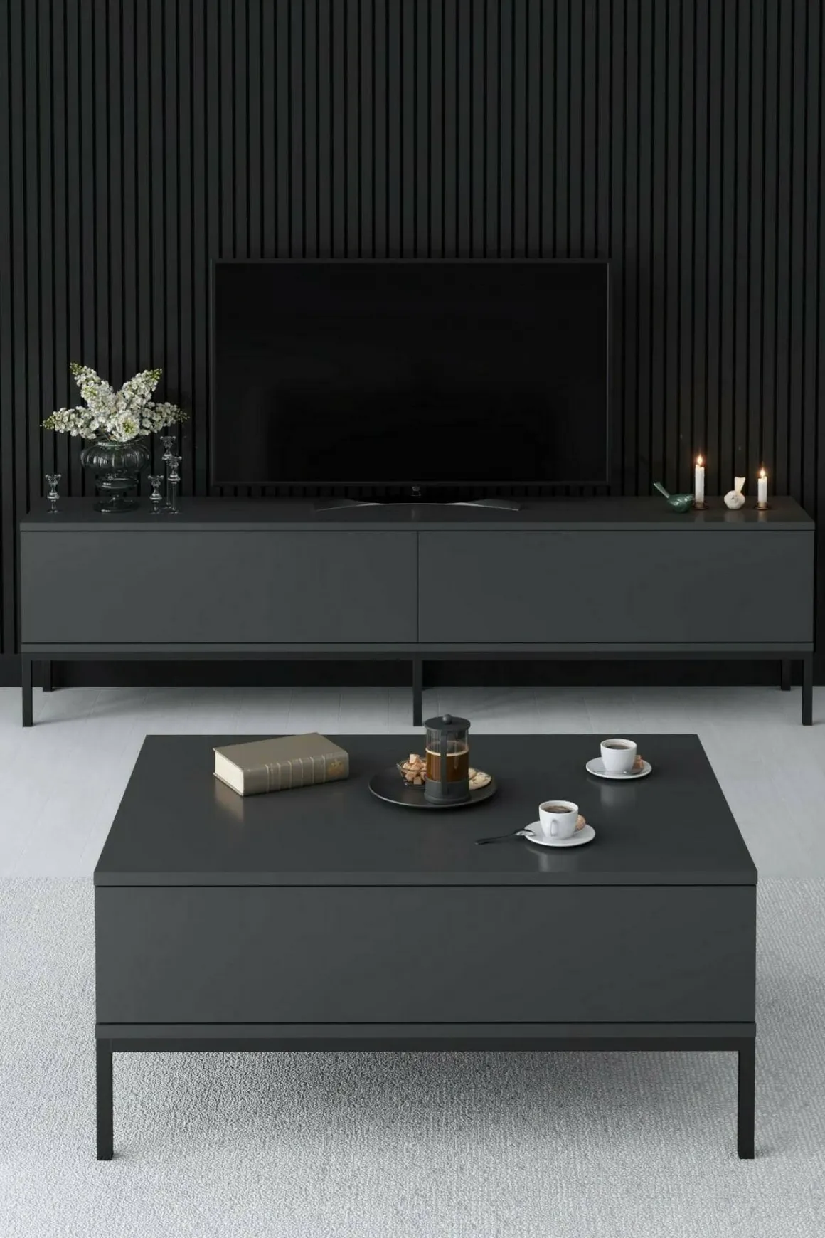 Mobile Porta tv Nero Antracite Nero Cassetti un Ripiano 180x30x47h cm, 2 Ante - Espero