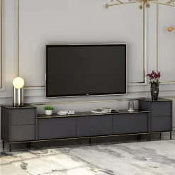 Mobile Porta tv Nero Antracite Nero Marmo 2 Ripiani 7 Vani 180x35x45h cm, 5 Ante - Cortin