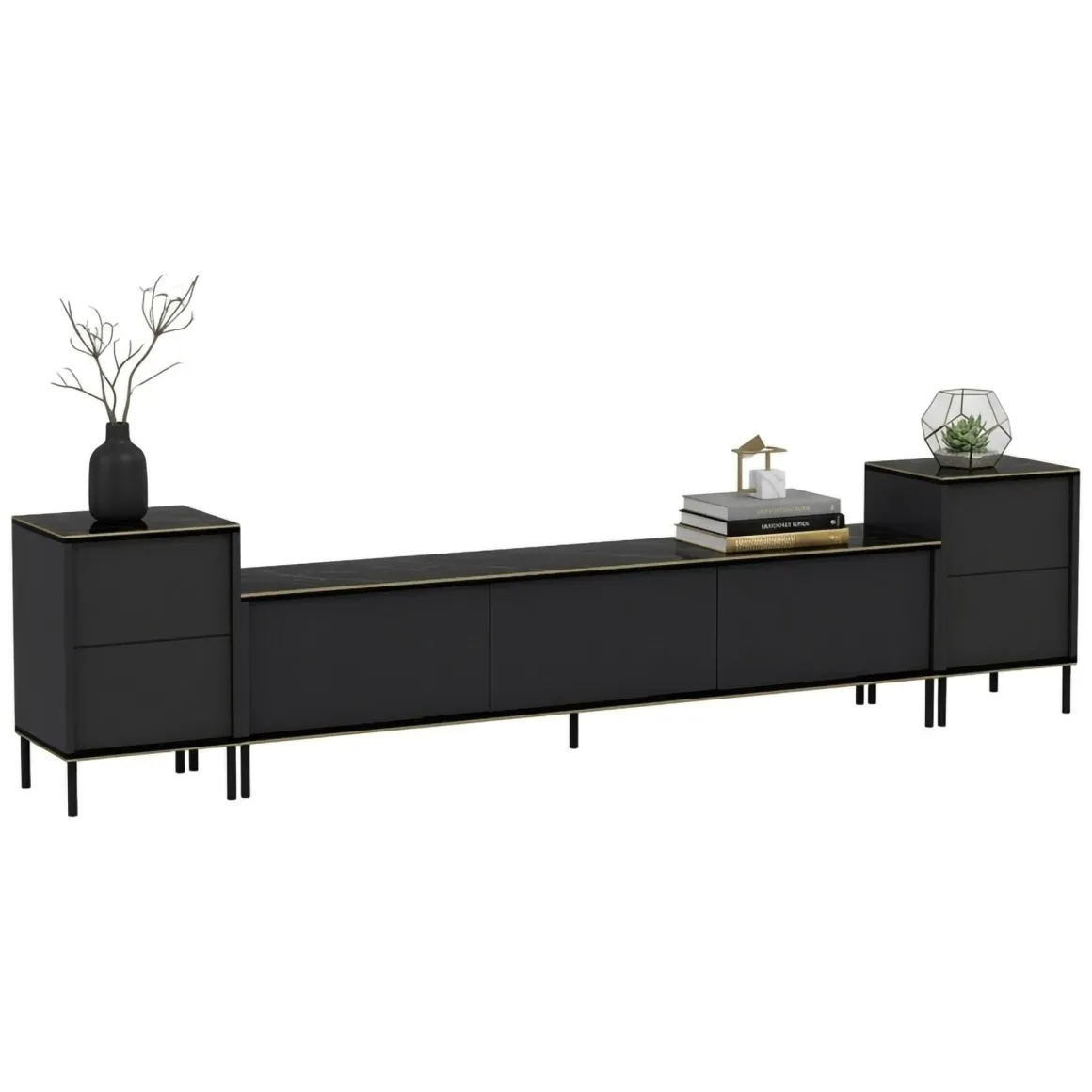 Mobile Porta tv Nero Antracite Nero Marmo 2 Ripiani 7 Vani 180x35x45h cm, 5 Ante - Cortin