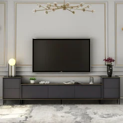 Mobile Porta tv Nero Antracite Nero Marmo 2 Ripiani 7 Vani 180x35x45h cm, 5 Ante - Cortin