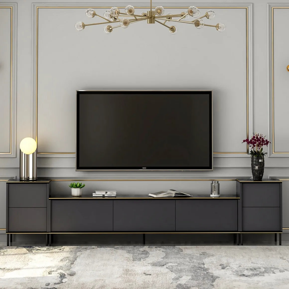Mobile Porta tv Nero Antracite Nero Marmo 2 Ripiani 7 Vani 180x35x45h cm, 5 Ante - Cortin