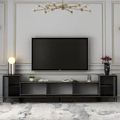 Mobile Porta tv Nero Antracite Nero Marmo 2 Ripiani 7 Vani 180x35x45h cm, 5 Ante - Cortin