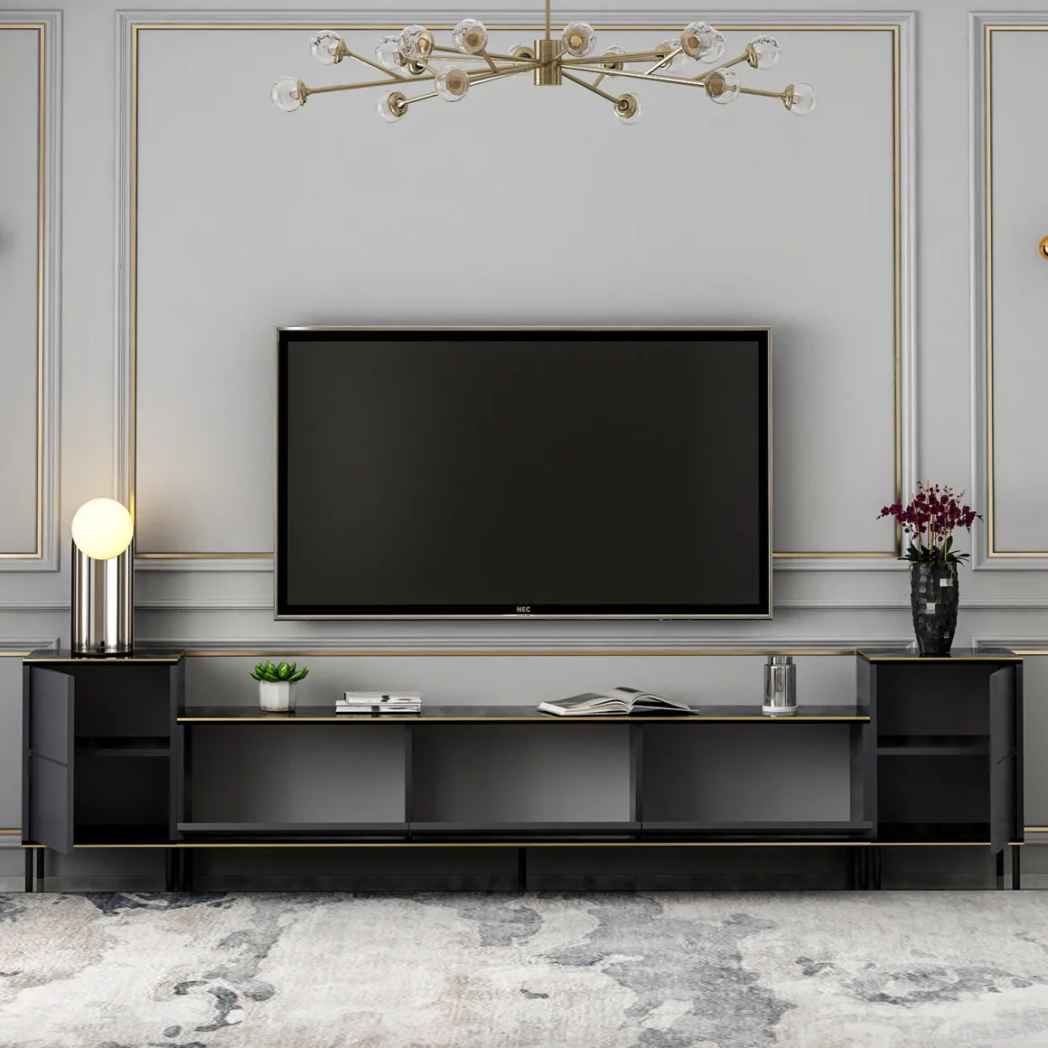 Mobile Porta tv Nero Antracite Nero Marmo 2 Ripiani 7 Vani 180x35x45h cm, 5 Ante - Cortin