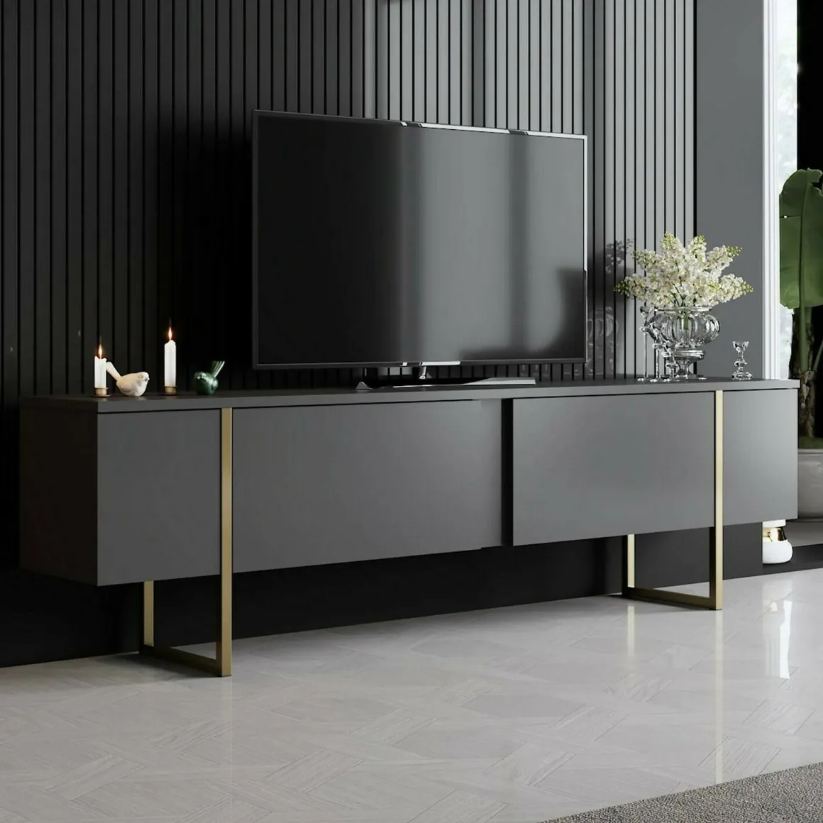 Mobile Porta tv Nero Antracite oro Cassetti un Ripiano 180x30x50h cm, 2 Ante - Abishia