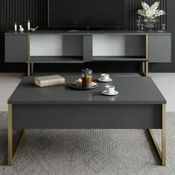 Mobile Porta tv Nero Antracite oro Cassetti un Ripiano 180x30x50h cm, 2 Ante - Abishia