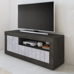 Mobile Porta tv Nero Grigio Cemento Cassetti Ripiani 137x42x56h cm, 3 Ante - Lucino