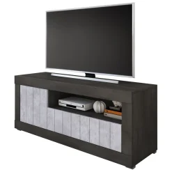 Mobile Porta tv Nero Grigio Cemento Cassetti Ripiani 137x42x56h cm, 3 Ante - Lucino