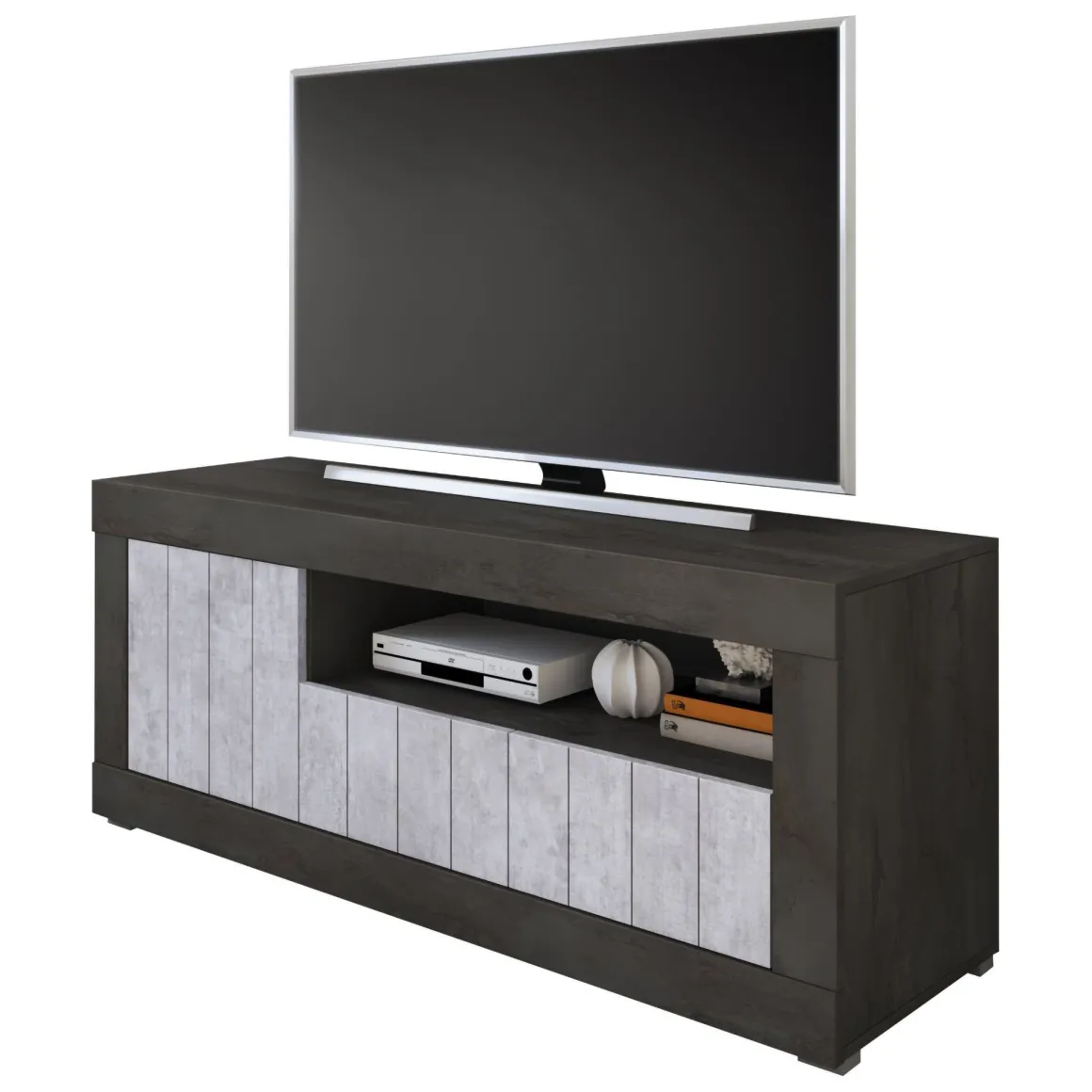 Mobile Porta tv Nero Grigio Cemento Cassetti Ripiani 137x42x56h cm, 3 Ante - Lucino
