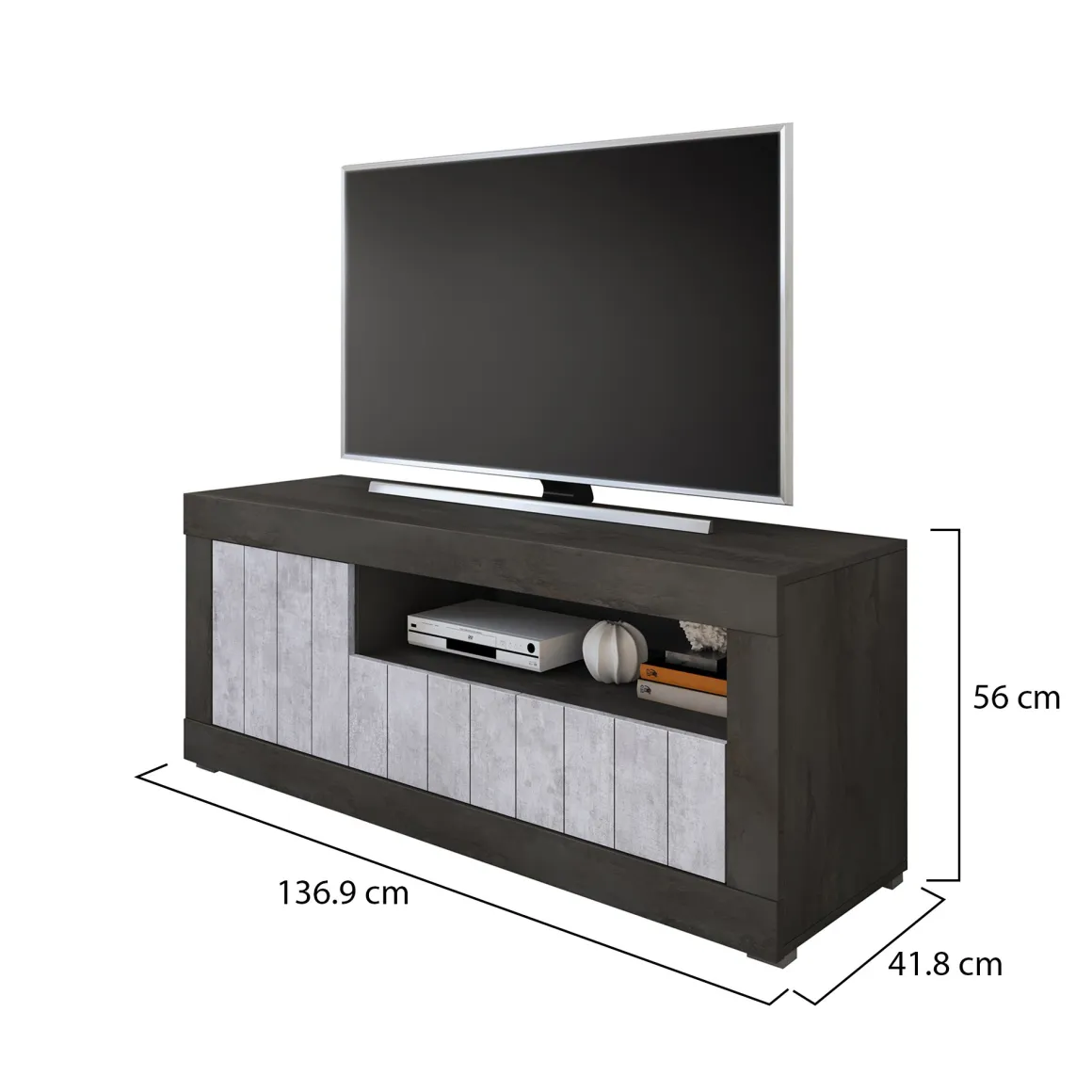 Mobile Porta tv Nero Grigio Cemento Cassetti Ripiani 137x42x56h cm, 3 Ante - Lucino