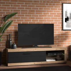 Mobili Porta Tv > Dmora Mobile Porta tv Nero Marrone Rovere Nodi 2 Ripiani Un'anta 162x41.5x43.5h cm, Ripiano in Vetro - Pompu Marrone, Nero Rovere Nodi
