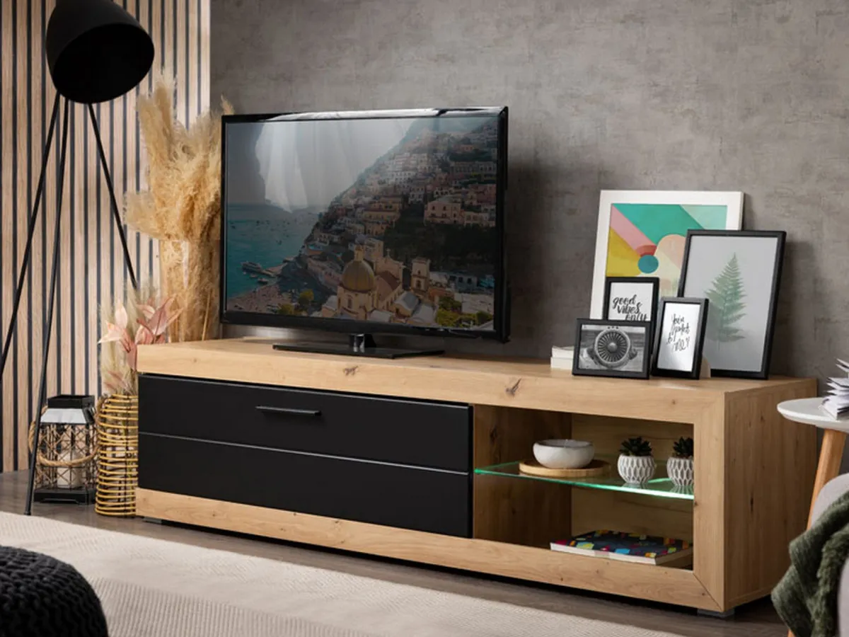 Mobili Porta Tv > Dmora Mobile Porta tv Nero Marrone Rovere Nodi 2 Ripiani Un'anta 162x41.5x43.5h cm, Ripiano in Vetro - Pompu Marrone, Nero Rovere Nodi