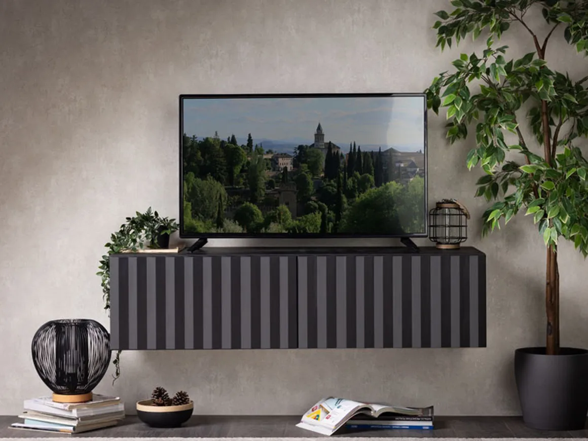 Mobile Porta tv Nero Nero Antracite un Ripiano 2 Ante 128x42x32h cm, 2 Vani - Vetto