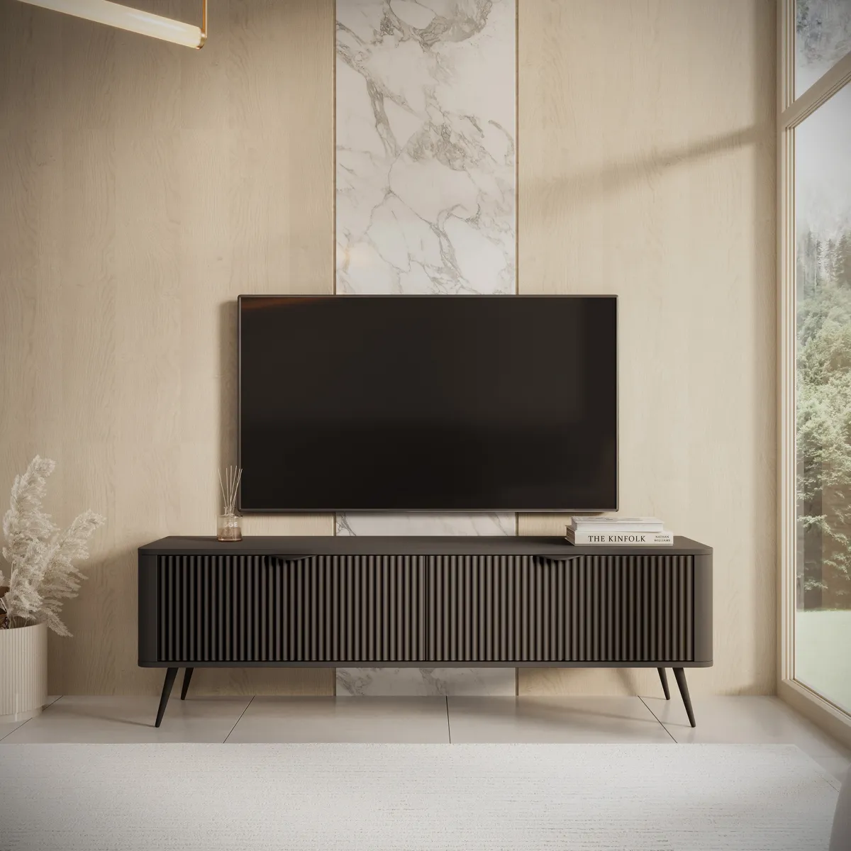 Mobili Porta Tv > Dmora Mobile Porta tv 2 Ripiani 2 Ante 163x38x51h cm, Ante Effetto Rigato con Piedini - Kalase Nero
