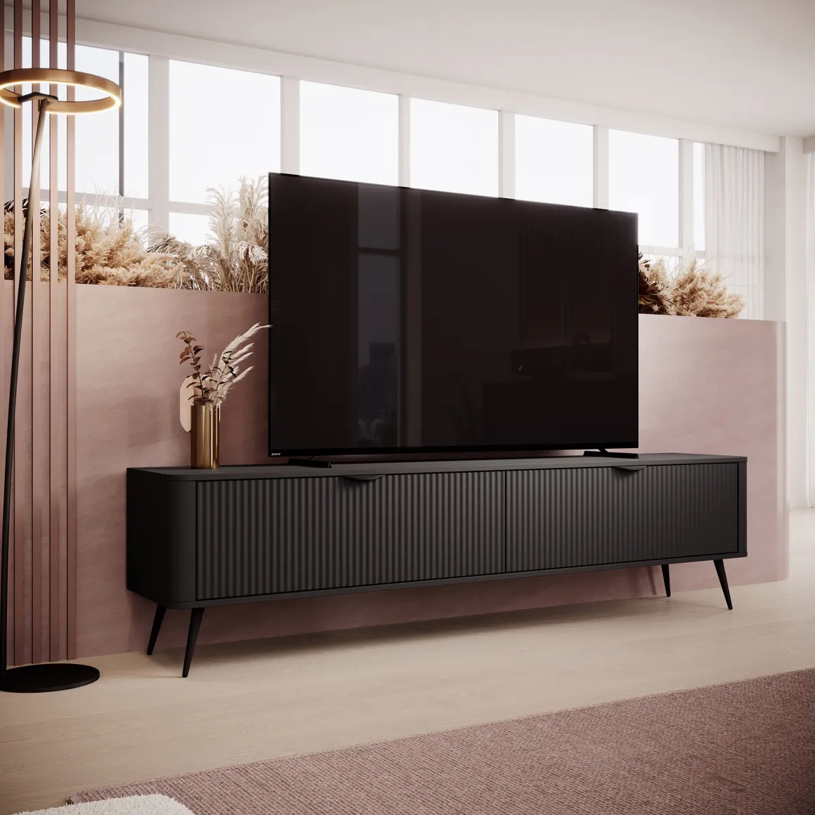 Mobile Porta tv Nero 2 Ripiani 2 Ante 200x38x51h cm, Ante Effetto Rigato con Piedini - Kala