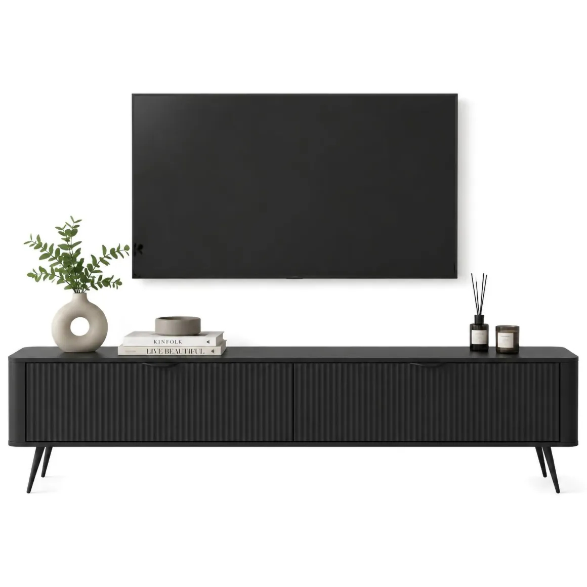 Mobile Porta tv Nero 2 Ripiani 2 Ante 200x38x51h cm, Ante Effetto Rigato con Piedini - Kala