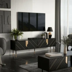 Mobili Porta Tv > Dmora Mobile porta TV Seborga, 204x40 h55 cm, Nero e Oro Oro, Nero