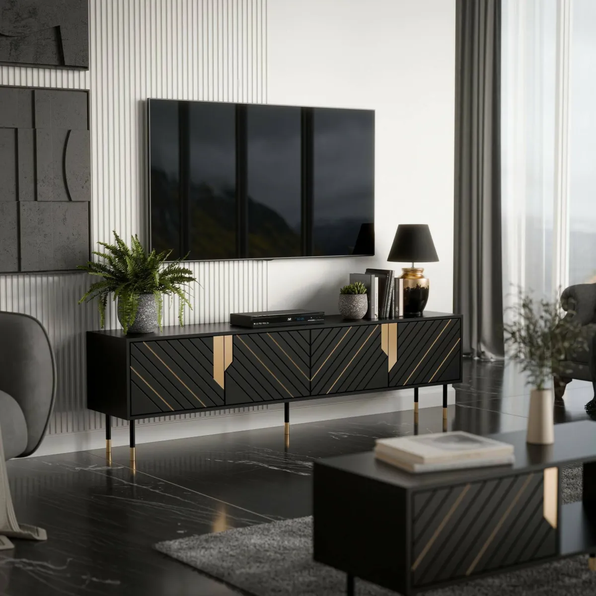 Mobili Porta Tv > Dmora Mobile porta TV Seborga, 204x40 h55 cm, Nero e Oro Oro, Nero