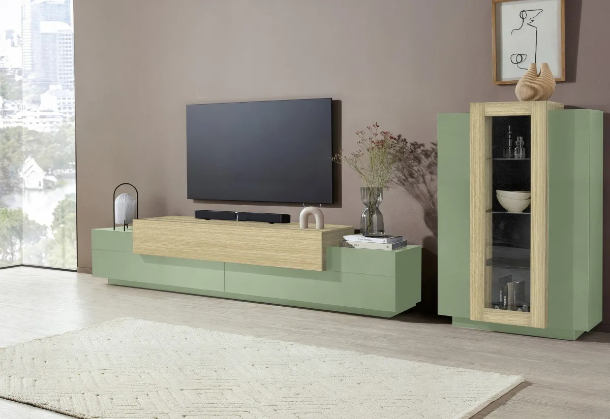 Mobili Porta Tv > Dmora Mobile Porta tv 3 Ripiani 4 Vani 200x45x51.5h cm, 3 Ante - Cassino Verde