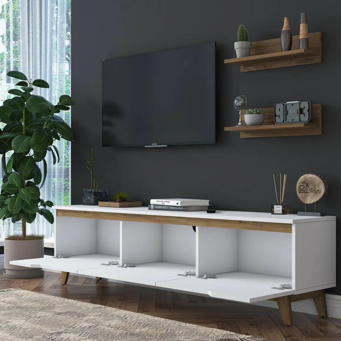 Mobile salotto in legno 180cm bianco e noce - Mukda