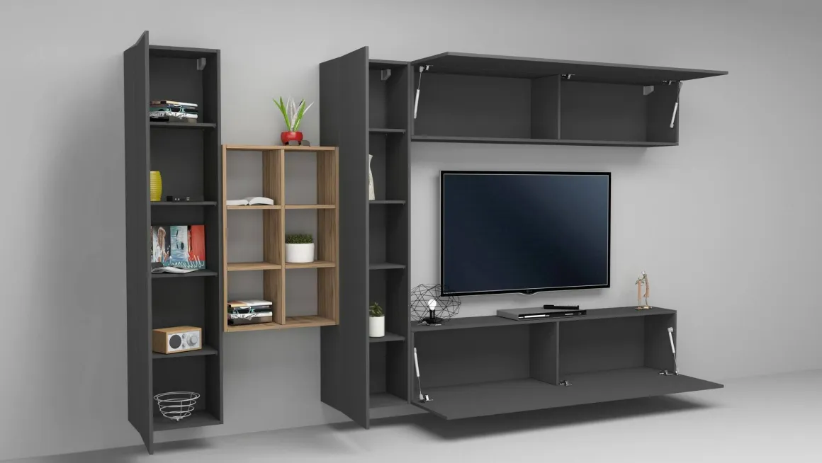 Mobile salotto moderno 280cm antracite e acero - Agna