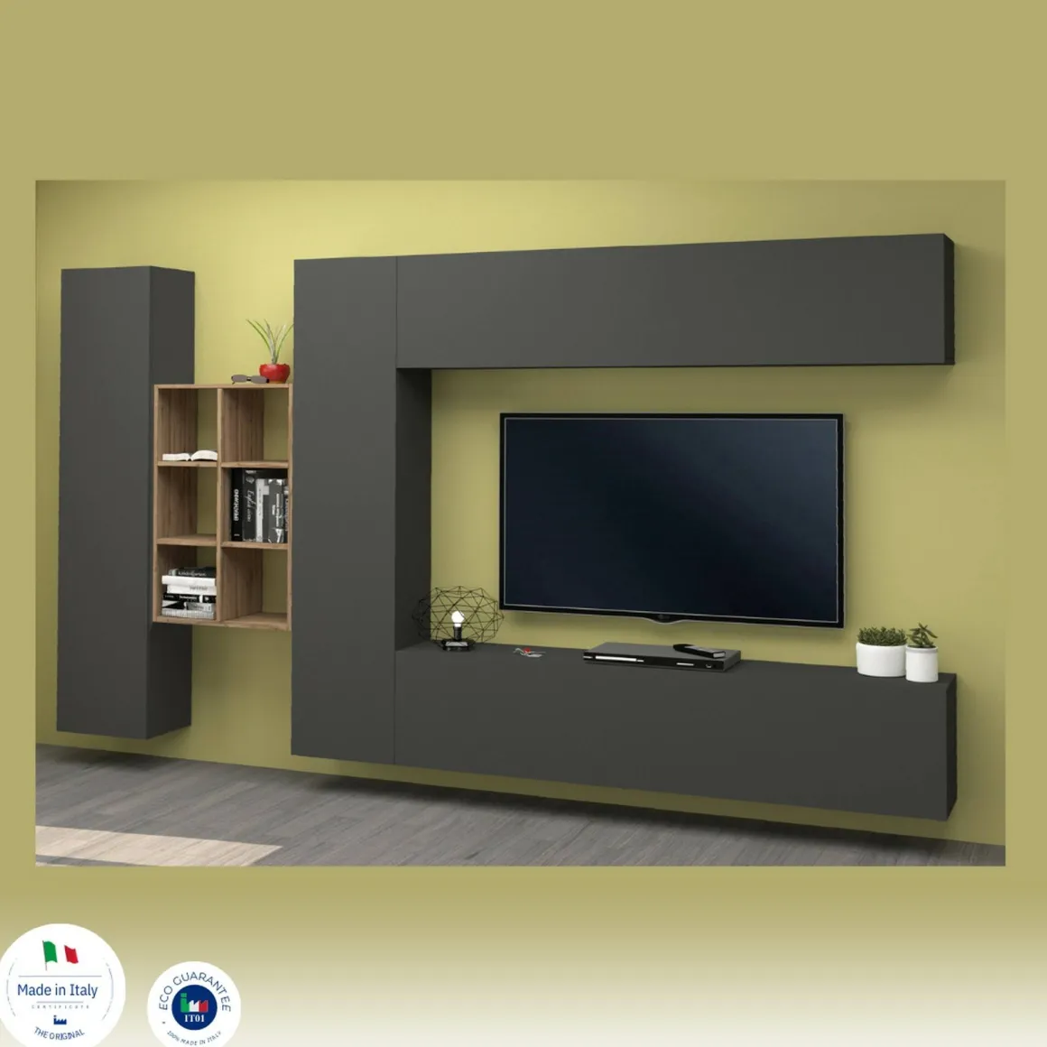 Mobile salotto moderno 280cm antracite e acero - Agna